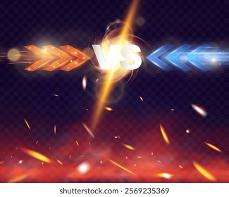 Versus battle banner concept for MMA, fight night, boxing, and other competitions. Blank template with glowing VS letters in the center, surrounded by sparks, flying coals, smoke, and mesh netting, cr