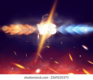 Versus battle banner concept for MMA, fight night, boxing, and other competitions. Blank template with glowing VS letters in the center, surrounded by sparks, flying coals, smoke, and mesh netting, cr