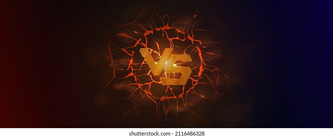 Versus battle banner with metal letters VS, cracked earth, lava, smoke and glow effect. Fighting concept, MMA versus battle, boxing, wrestling, esport, gaming design. Vector banner VS. Vector