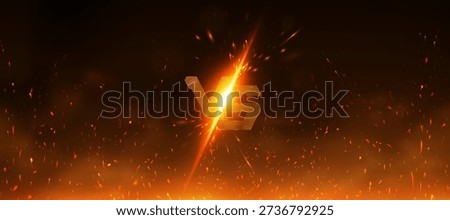 Versus battle banner with sparks and metallic “VS” letters. Glowing VS symbol in fiery orange light with sparks. VS background for esport, mma, competition, challenge. Vector poster, versus battle