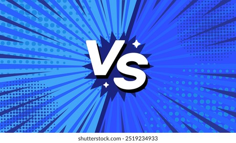 Fondo cómico de batalla en azul con puntos de semitono y líneas radiales. Letras VS dinámicas en blanco. Ideal para juegos, competencia o gráficos de comparación en estilo pop art.