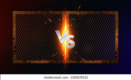 Versus battle concept. Collision of two metal frames with rust and mesh. Sparks and silver letters VS. Versus battle illustration ( Fight night, mma, boxing, wrestling) VS vector background 