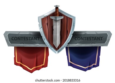 Versus Battle Game Vector Banner, VS Team Fight ESport Tournament Sign, Wooden Shield, Sword On White. UI Duel Contest Badge, Standard, Stone Contestant Name Frame. Versus Battle Tournament Concept