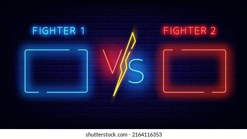 Versus Battle Neon Banner With Lightning Icon. Rectangular Frames For Team Names. Boxing And Match Betting. Game Confrontation Design. Glowing Effect Flyer On Brick Wall. Vector Stock Illustration