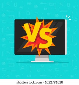Versus battle online on computer vector illustration, flat cartoon pc display with vs text, idea of cyber sport icon game, digital internet network competition contest, video gaming fight on tv image