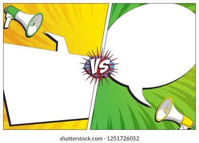 versus battle template with two panels decorated in retro comic style. halftone and radial lines background. vintage pop art illustration easy to edit and customize. eps 10