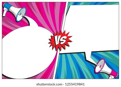 versus battle template with two panels decorated in retro comic style. halftone and radial lines background. vintage pop art illustration easy to edit and customize