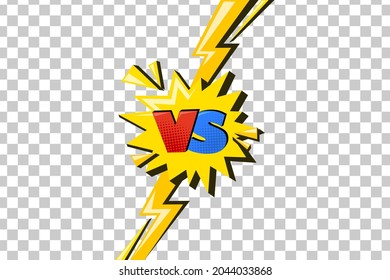 Versus comic design with lightning. Yellow flash with vs symbol in star speech bubble. Vector illustration isolated in transparent background