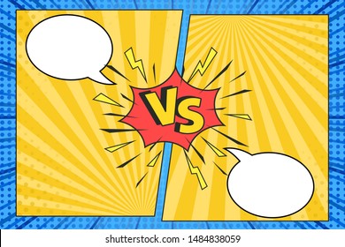 Versus Comic Frame. Vs Comics Book Clash Frames With Cartoon Text Speech Bubbles On Halftone Stripes Background Vector Template. Comic Magazine Funny 