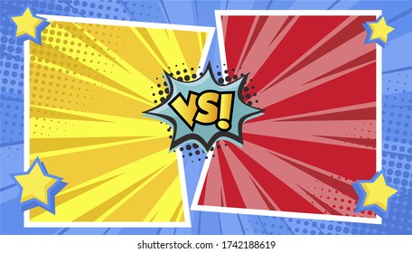 Versus comic frame. Vs comics book clash frames with cartoon text speech bubbles on halftone stripes background vector template. Comic magazine funny poster