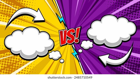 Versus comic frame. Vs comics book clash frames on halftone stripes background vector template.