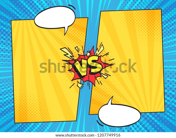 Versus comic frame. Vs comics book\
clash frames with cartoon text speech bubbles on halftone stripes\
background vector template. Comic magazine funny\
poster
