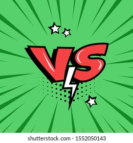 Versus. Comic red VS word with lightning on green background in pop art. Vector illustration.