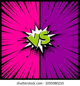 Versus comic text. Comics book empty colored template background. Pop art colorful backdrop mock up. Vector illustration halftone dot chat. Silhouette boom explosion. Speech bubble box balloon.