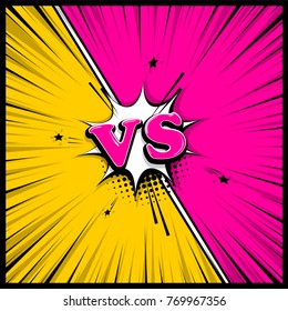 Versus Comic Text. Comics Book Empty Colored Template Background. Pop Art Colorful Backdrop Mock Up. Vector Illustration Halftone Dot Chat. Silhouette Boom Explosion. Speech Bubble Box Balloon.