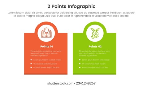 o comparar y comparar el concepto para el banner de la plantilla de infografía con el banner de la caja y el círculo en la parte superior con la información de la lista de dos puntos