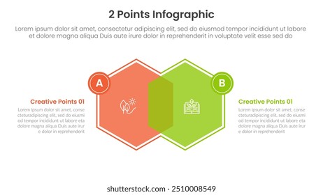 versus ou comparar e comparar conceito para banner de modelo infográfico com mistura de venn hexágono e pequeno lado do crachá com ilustração de vetor de informações de lista de dois pontos