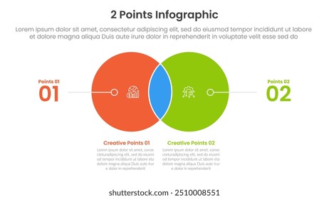 versus or compare and comparison concept for infographic template banner with small circle venn blending and line pointer with two point list information vector illustration