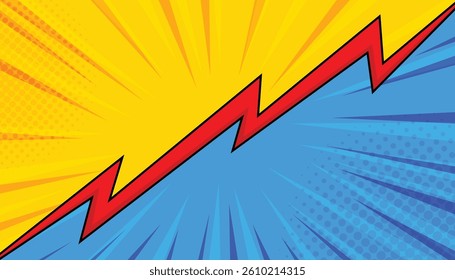 Versus competitive concept comic background with halftone and light of sunburst. sun ray retro background with thunder flash. vector illustration
