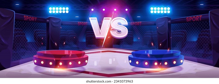 Versus concept - red and blue podiums on boxing ring with VS sign. Cartoon vector illustration of two stands of sport confrontation and competition. Horizontal background - game battle banner.