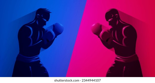 versus Konzept. Silhouette von zwei männlichen Boxerkämpfen.