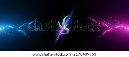 Versus cover with thunderstorm effect. VS screen for sport games, match, tournament, martial arts. Sport banner. Abstract blue and purple lightning with flashes of light. Vector illustration. EPS 10