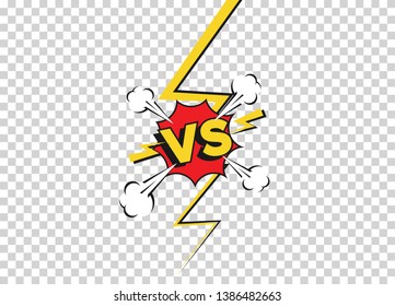 Versus fight backgrounds in flat comics style. Vs battle challenge isolated on transparent background. Vector cartoon comics background. Comic fighting duel with lightning ray border.