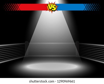 Versus fighting arena background, the boxing ring, red blue corners, opponents rivalry battle concept