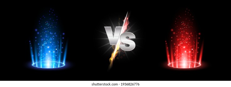 Versus fire battle with hologram podium, magic portal. MMA concept - fight night, MMA, boxing, wrestling, Thai boxing. VS of metal letters with light fire and glow. Versus battle vector.