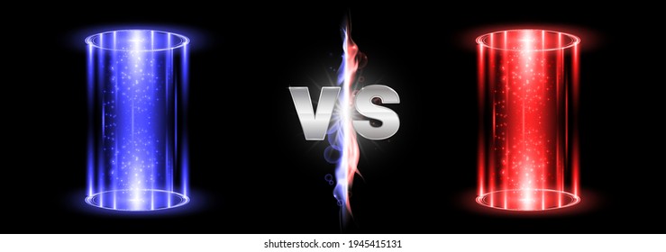 Versus fire battle with hologram podium, magic portal. MMA concept - fight night, MMA, boxing, wrestling, Thai boxing. VS of metal letters with light fire and glow. Versus battle vector