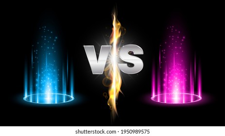 Versus fire battle with hologram podium, magic portal. MMA concept - fight night, MMA, boxing, wrestling, Thai boxing. VS of metal letters with light fire and glow. Versus battle vector