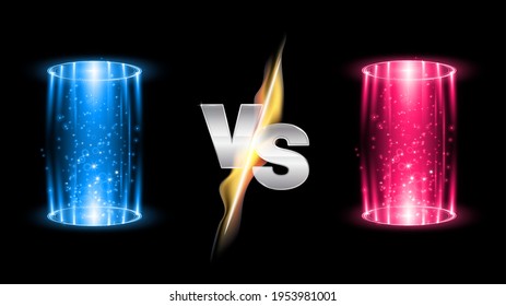 Versus fire battle with hologram podium, magic portal. MMA concept - fight night, MMA, boxing, wrestling, Thai boxing. VS of metal letters with light fire and glow. Versus battle vector