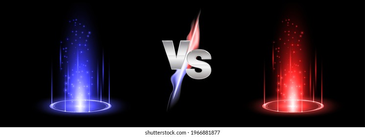 Versus fire battle with hologram podium, magic portal. MMA concept - fight night, MMA, boxing, wrestling, Thai boxing. VS of metal letters with light fire and glow. Versus battle vector