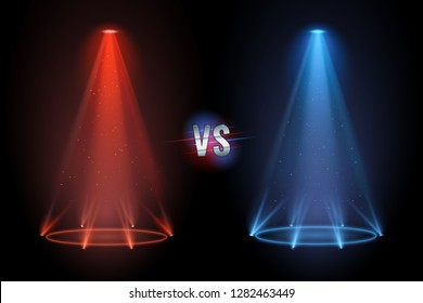 Versus flooring. Battle projector shining pedestal floor for vs boxing confrontation match. Neon versus duel mma boxing match competition projector shining floor. Vector illustration