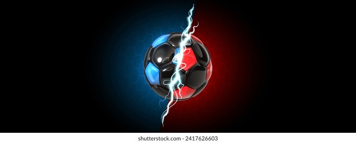 Banner vectorial de fútbol contra. Dibujo de fútbol deportivo de batalla de VS. Confrontación concepto competencia juego de partidos. Balón roja y azul con perno de fondo oscuro.