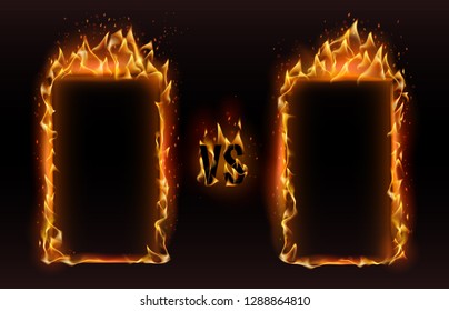 Versus frames. Fire vs frame, screen for boxing versus sports fight match challenge or fiery fire effects confrontation mma duel logo. Championship competition frames vector illustration