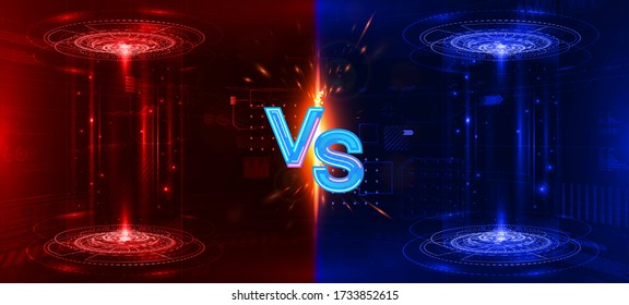 Versus glowing holograms and effect on floor. VS battle in futuristic HUD style. Circle teleport with sparks on transparent background. Competition vs match game, martial battle vs sport. Vector 