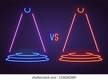 Versus glowing neon sign of pedestal with VS letters. Battle or competition concept template glowing in retro colors.Red and blue neon glowing. Shining projectors. Neon lamp bright signboard.
