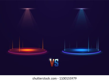 Versus glowing pedestal with glowing flares. Battle or competition concept template. Red and blue neon glowing circles on the floor. Shining projectors from above.