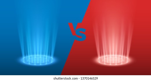 Versus glowing spotlight red and blue colors. VS battle scene with rays and sparks. Abstract hologram effect. vector illustration
