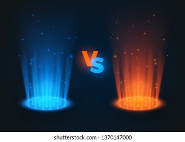 Versus glowing spotlight red and blue colors. VS battle scene with rays and sparks. Abstract hologram. vector illustration