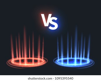 Versus glowing teleport effect on floor. Vs battle scene with rays and sparks. Abstract hologram supernatural vector background. Fight and battle game challenge, competition color vs illustration