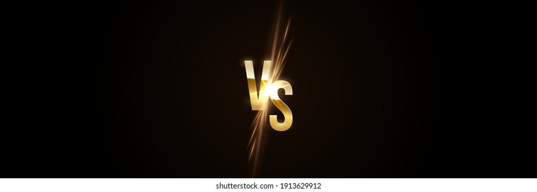 Versus gold VS sparkling sign on black background. Laser glowing golden lines with soft light effect. Vector illustration of realistic mockup, template for game design, retrowave style