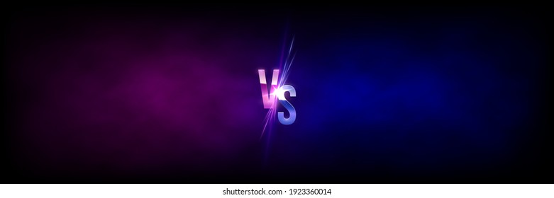 Versus gold VS sparkling sign on pink and blue fog background. Laser glowing lines with soft light effect. Vector illustration of realistic mockup, template for game design, retrowave style