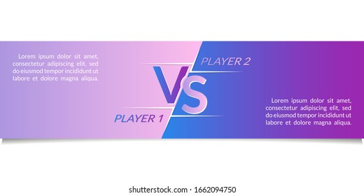 Versus horizontal banner. VS background for battle, game, sport team, boxing fight, match, competition. Header or footer for web or website with space for text. Vector illustration.