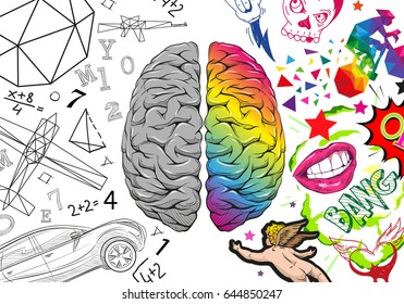 Versus human brain right and left hemisphere illustration. Creative concept vector design. 