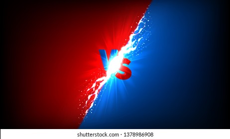 Versus icon with lightning effect. Vector illustration with bright thunderstorms and shining lightnings. VS symbol on dark blue and red background.