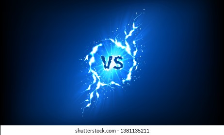 Versus icon with lightning effect. Vector illustration with bright thunderstorms and shining lightnings. VS symbol on dark blue background.