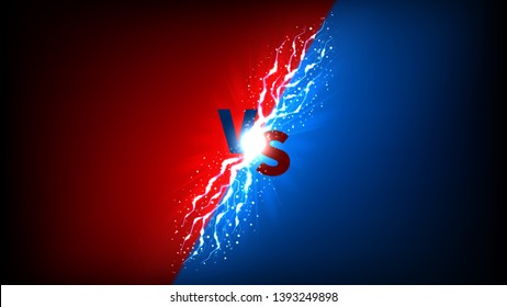 Versus icon with lightning effect. Vector illustration with bright thunderstorms and shining lightnings. VS label on dark blue and red background.