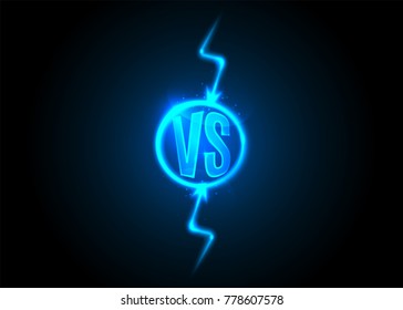 Versus icon. VS letters is into round circle. Lightning bolt on dark background. Blue neon cartoon thunder. Vector illustration